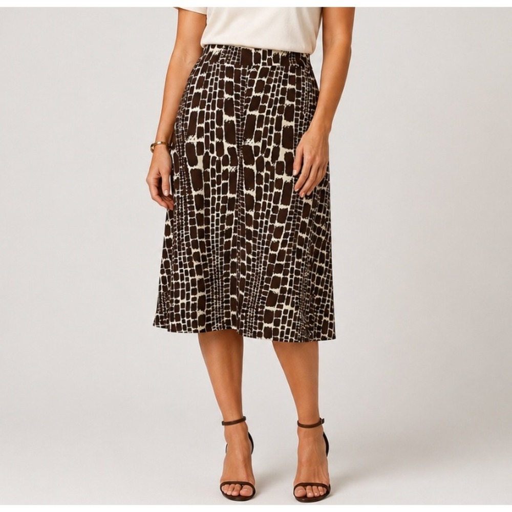 Worthington Women Animal Print Midi Skirt M Stretchy Brown Casual Career Giraffe